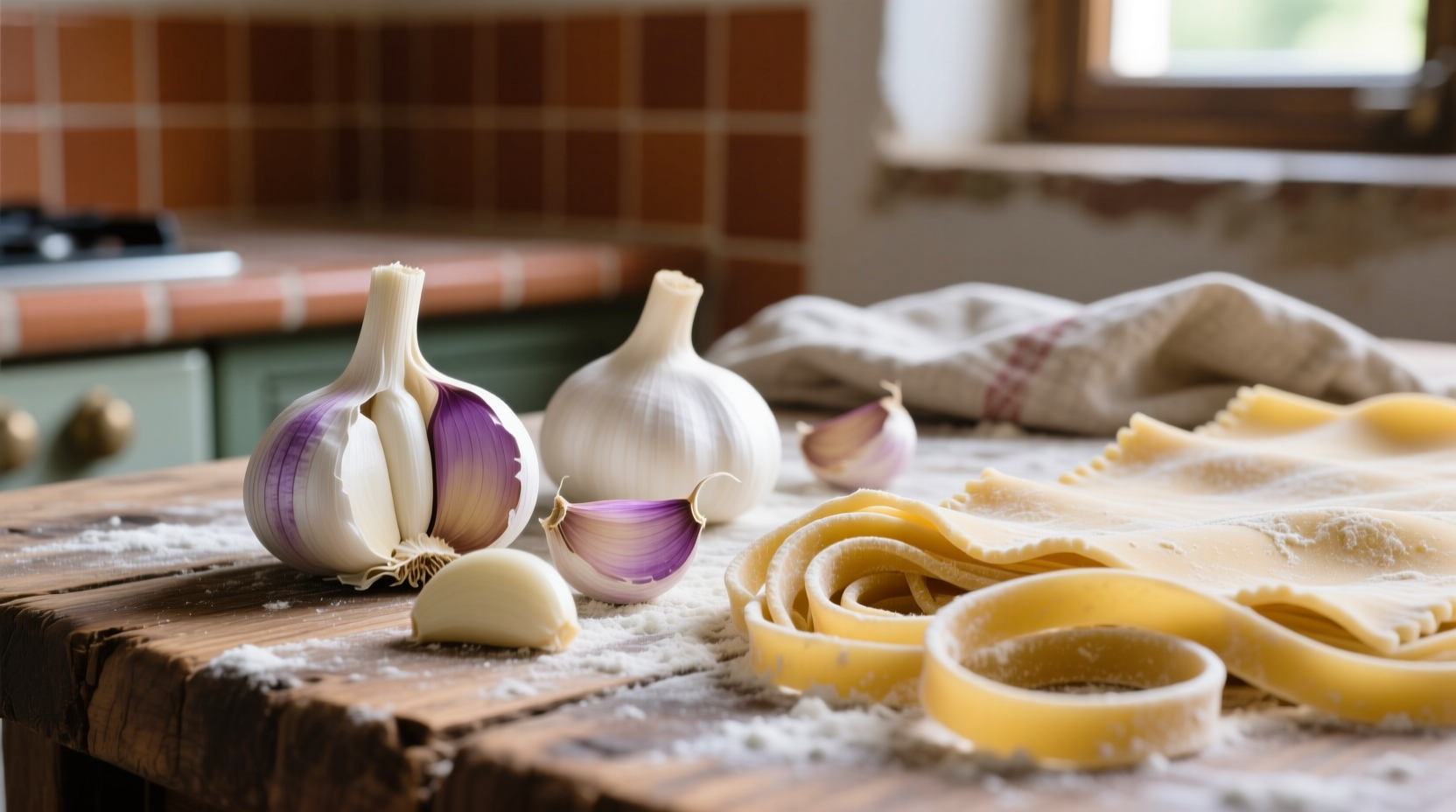 Fresh garlic cloves next to handmade pasta