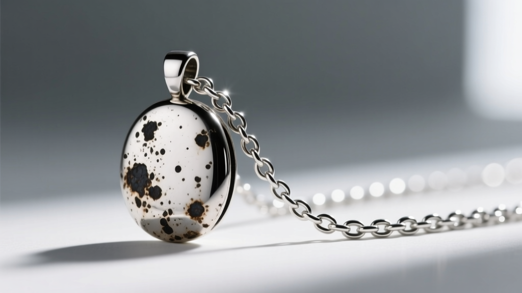 Macro view of a tarnished silver pendant with dark spots next to a bright, highly reflective rhodium-plated sterling silver chain.