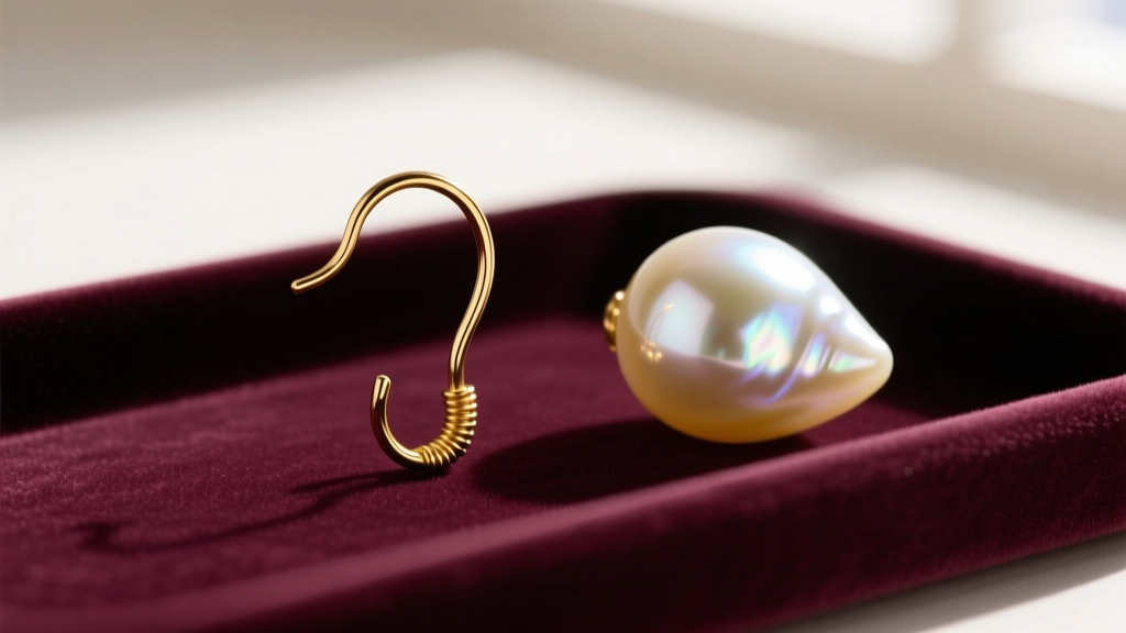 Macro photography of an 18-gauge gold French wire earring hook resting on a velvet tray next to a large, luminous teardrop glass pearl