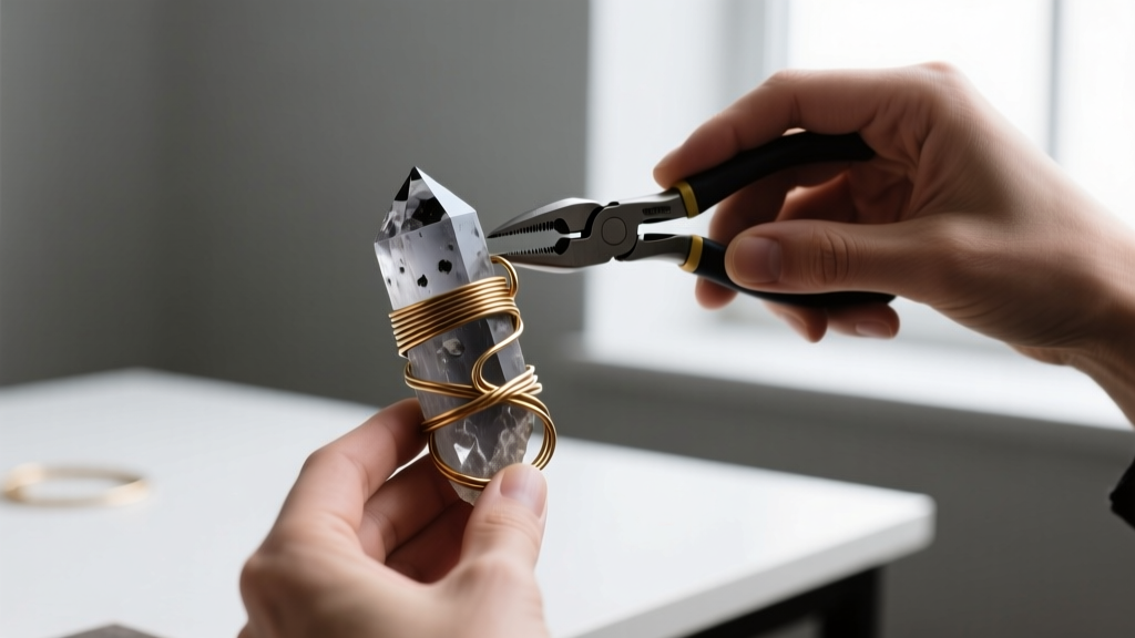 Jeweler using nylon-jaw pliers to wrap 20-gauge antiqued brass wire around jagged raw smoky quartz to form a secure pendant bail