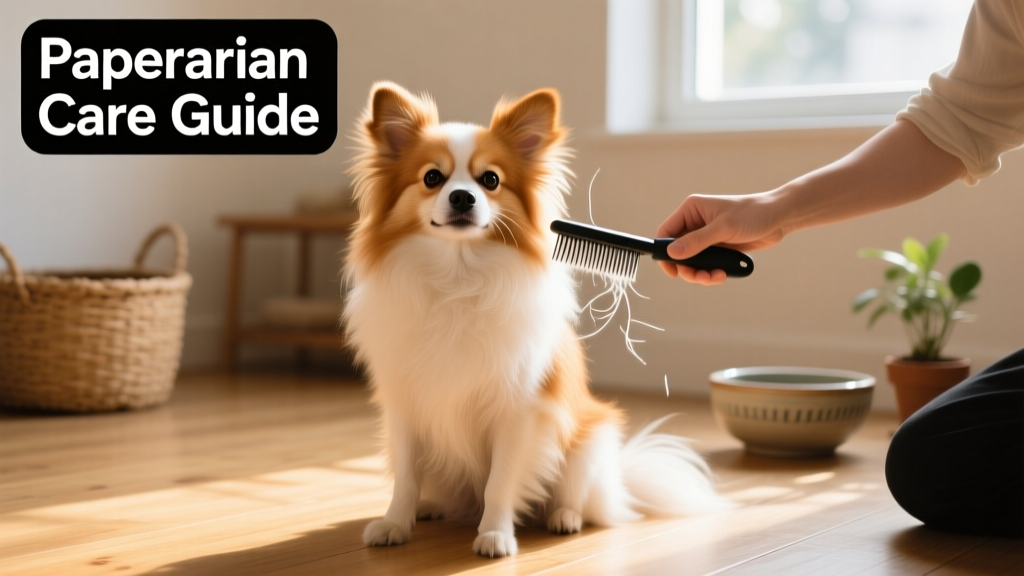 A Paperanian mid-grooming session, sitting calmly while its owner gently brushes its silky coat with a slicker brush