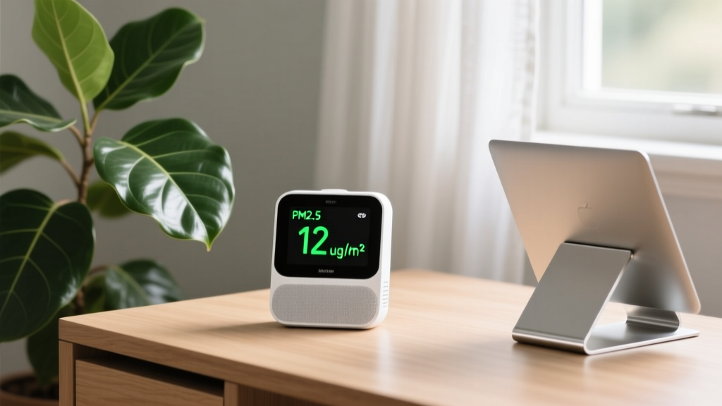 A smart home office air quality monitor displaying green PM2.5 levels on its OLED screen, situated next to a potted plant and a sleek laptop stand.