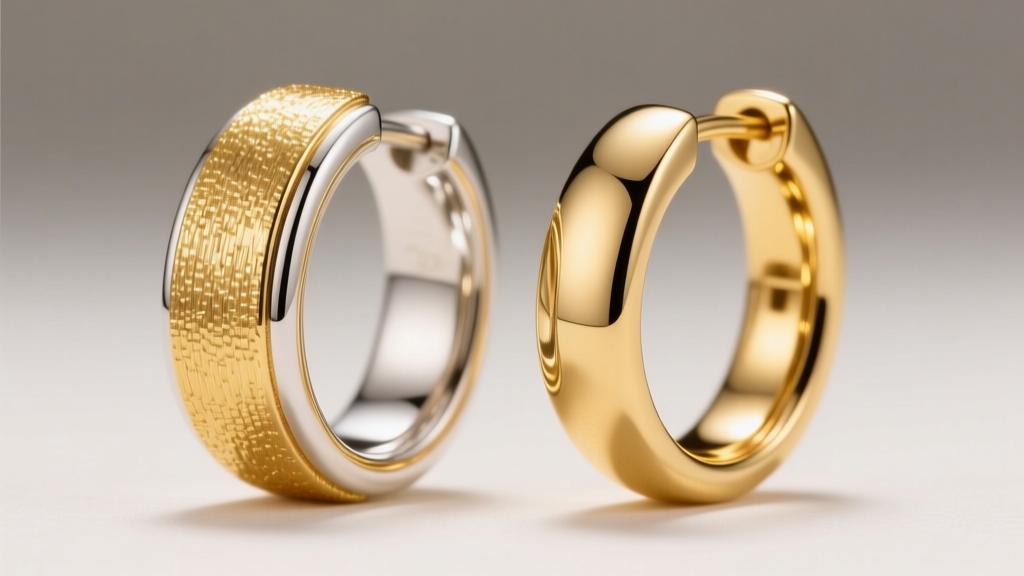 Macro illustration showing a thick 2.5 micron gold vermeil layer over sterling silver next to a solid 18k gold earring