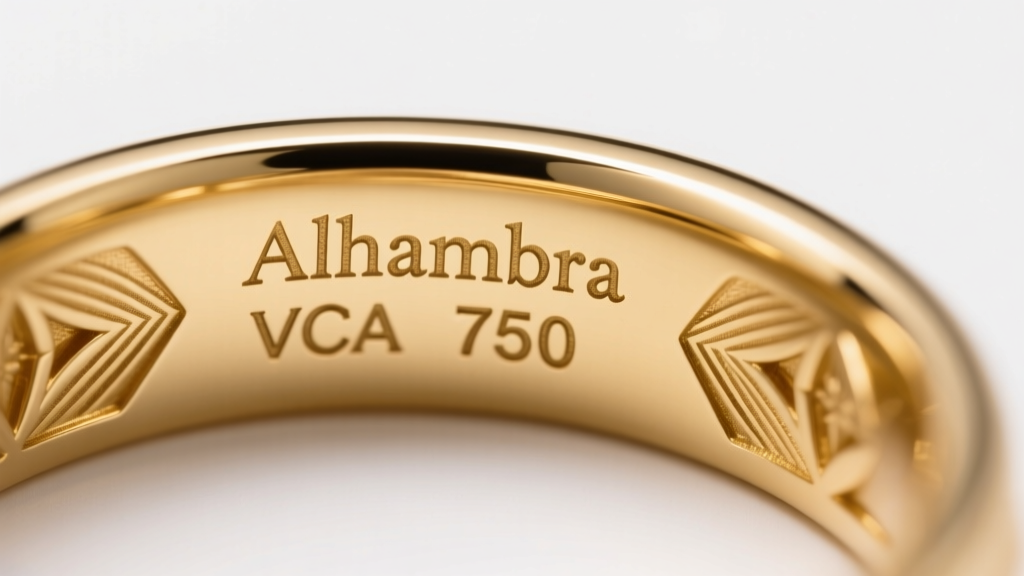 Macro photo of a laser-engraved VCA serial number and 750 stamp on the back of a gold Alhambra motif under bright studio light.