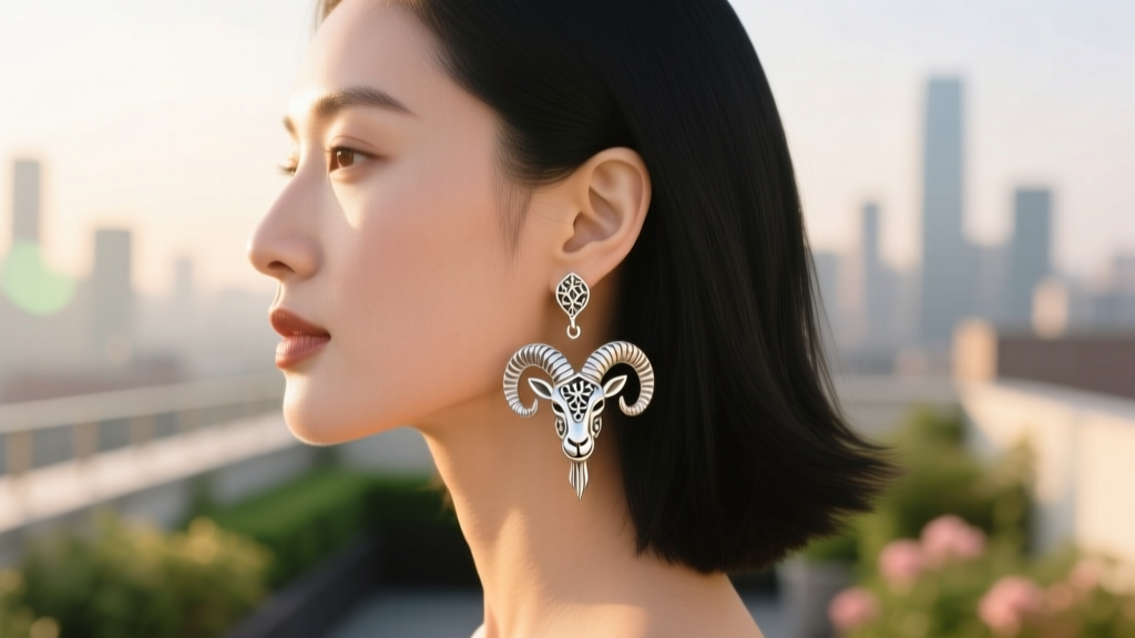 Side profile of a woman wearing medium kissing ram drop earrings, showing intricate metalwork against a softly blurred backdrop