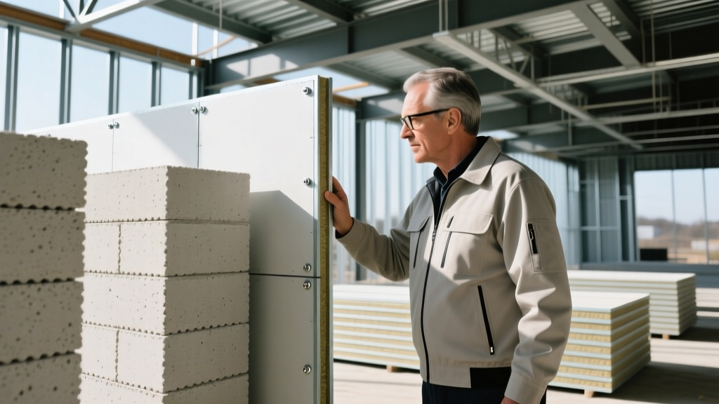 Architect reviewing large-format autoclaved aerated concrete blocks and structural insulated panels on a commercial framing site