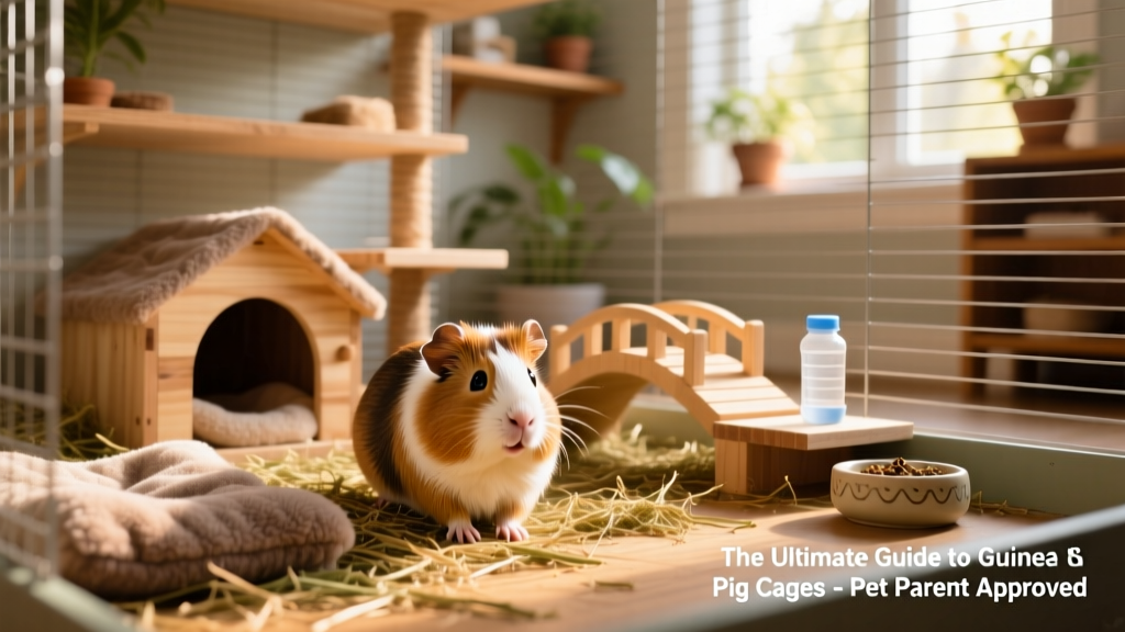 A happy guinea pig exploring a spacious, well-furnished cage with hay, a hideout, and soft bedding