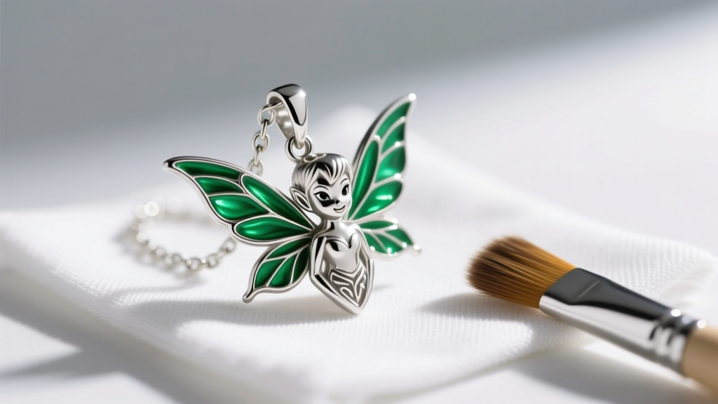Macro shot of a sterling silver Tinker Bell pendant with green enamel wings resting on a microfiber cloth next to a soft brush