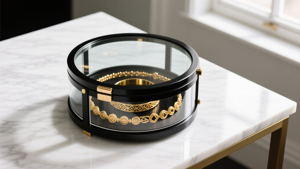 Rotating glass and black metal cake jewelry box displaying gold bracelets, shot from a high angle on a white marble desk.