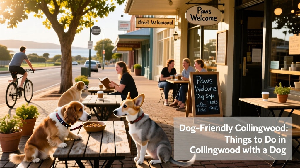 A dog-friendly restaurant in Collingwood with outdoor seating and dogs relaxing at sidewalk tables