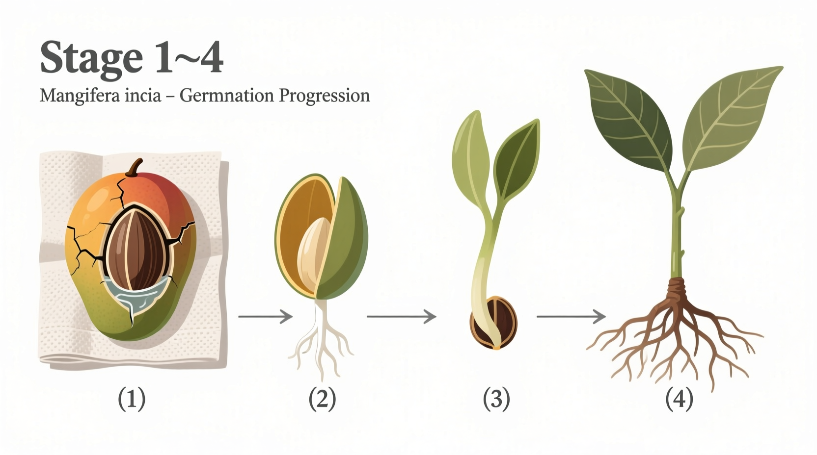 Mango seed germination stages in paper towel