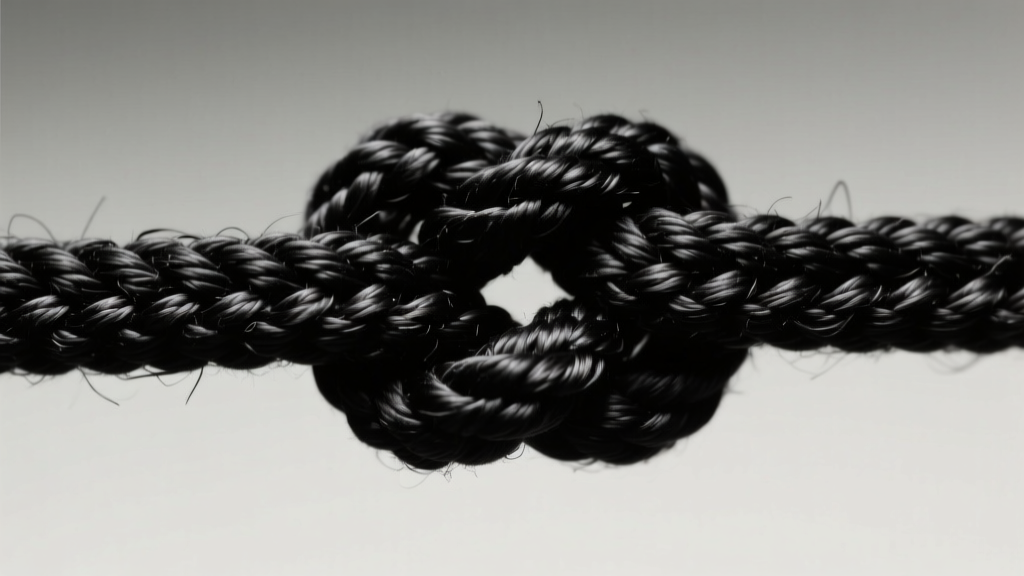 Macro shot of a tight black macrame sliding square knot on a 1.5mm cord, revealing detailed thread texture and high tension.