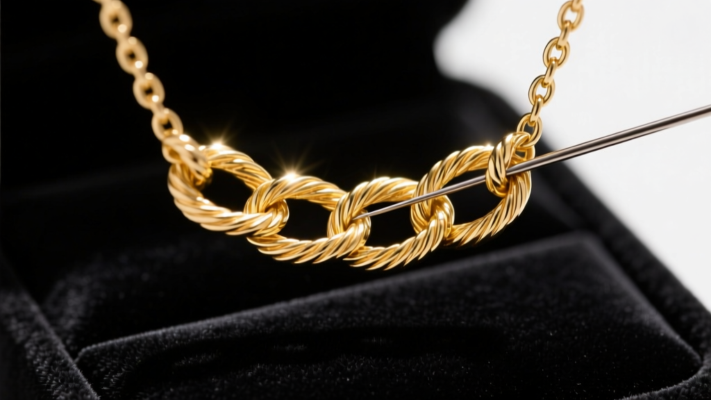 Macro shot of a fine sewing needle gently separating a knotted 14k gold cable chain on a dark velvet pad under bright LED light