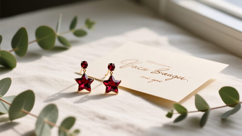 Flat lay gift wrapping scene featuring red garnet star drop earrings next to a handwritten greeting card and eucalyptus sprigs