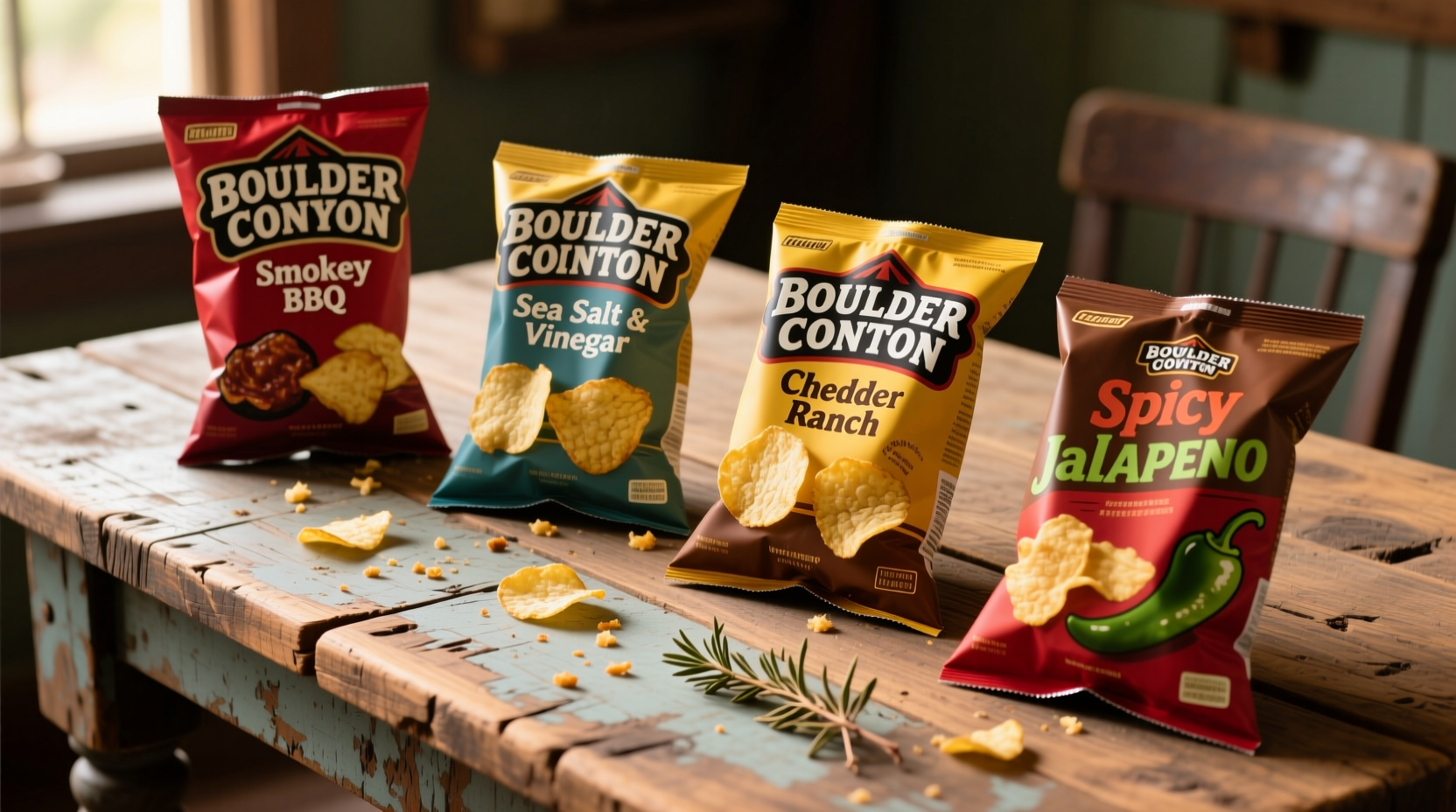 Boulder Canyon potato chips varieties on wooden table