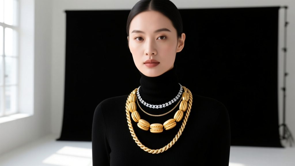 Woman wearing a gold macaroni necklace layered with a diamond tennis chain and a thicker rope chain against a black turtleneck