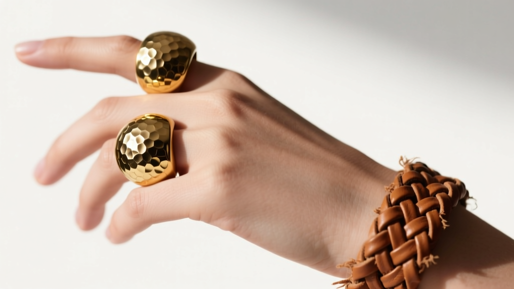 Macro shot of a hand wearing chunky 1970s gold dome rings and a woven leather bracelet, highlighting the hammered metal textures.