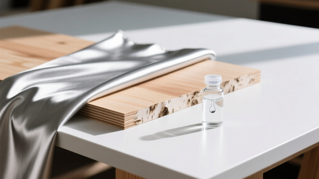 Baltic birch plywood edge, silvercloth fabric, and pH-neutral adhesive arranged on a clean workbench under bright natural lighting.