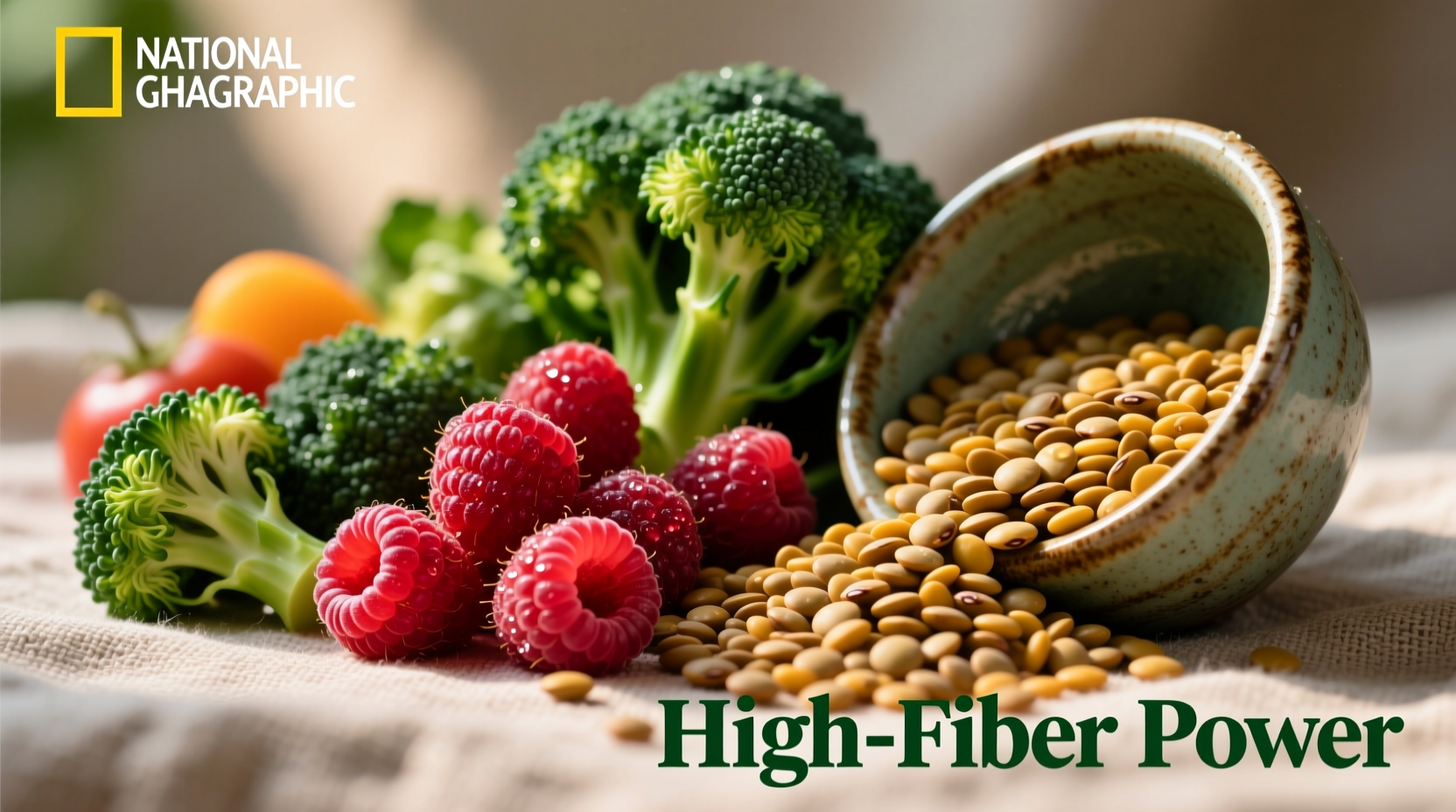 Colorful high-fiber foods including raspberries, lentils, and broccoli