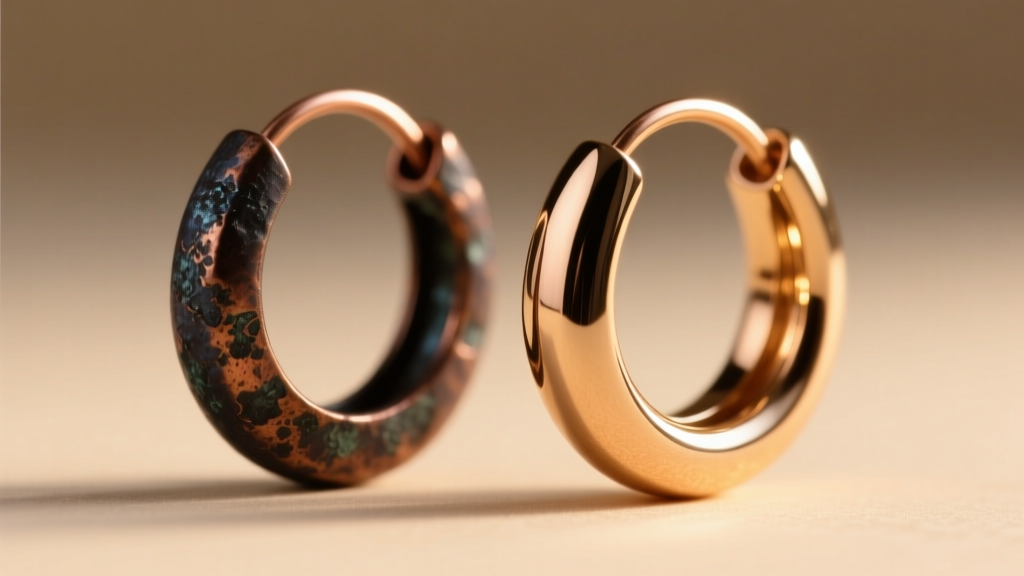 Macro of 18-gauge copper hoop earrings showing dark patina on the left and bright polished metal on the right in warm soft light.