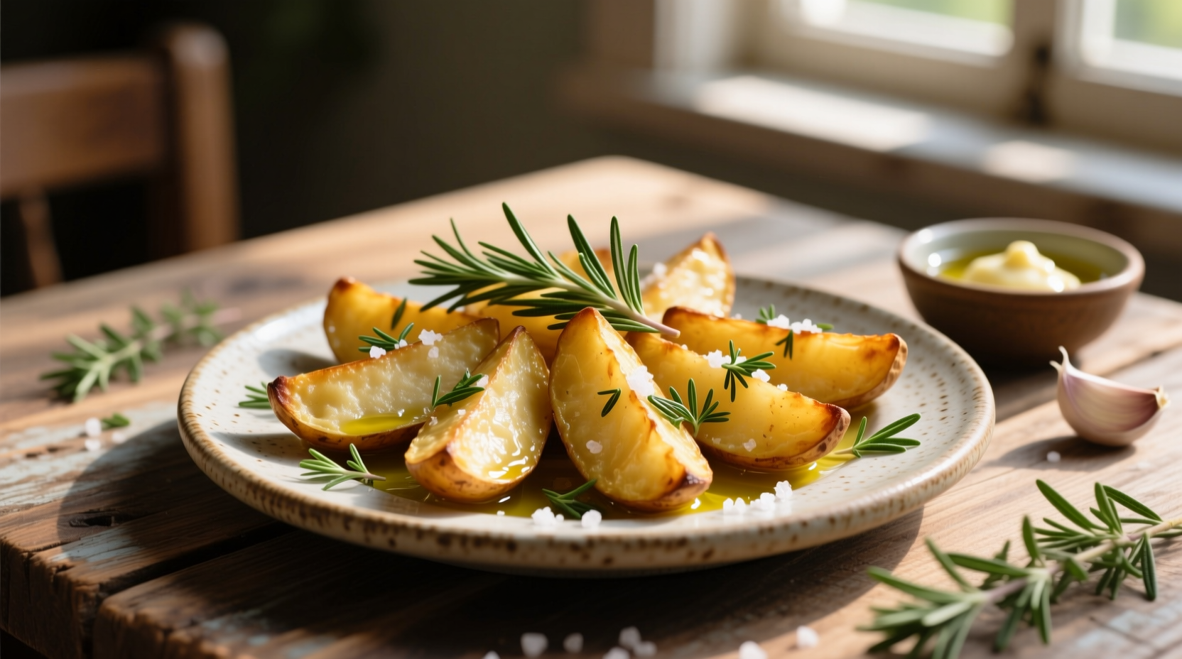 Golden baked potato wedges with herbs on rustic plate
