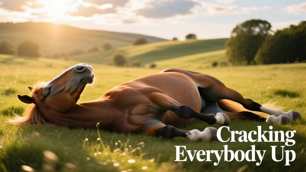 A horse lying on its back in a sun-dappled grassy field, legs splayed, relaxed and content