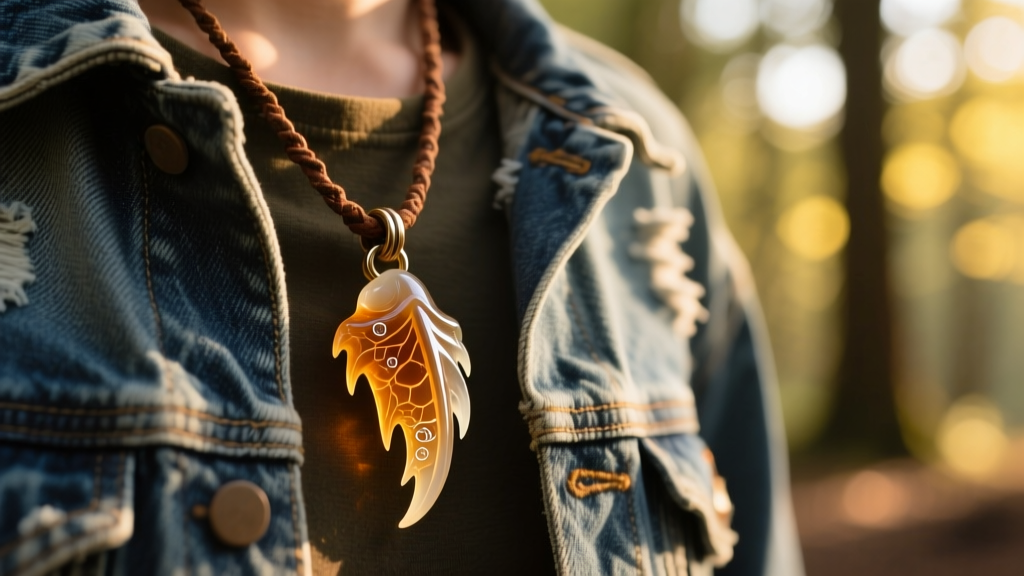 Necklace with a resin raptor claw pendant on a leather cord, layered over a vintage denim jacket in warm, natural outdoor sunlight.