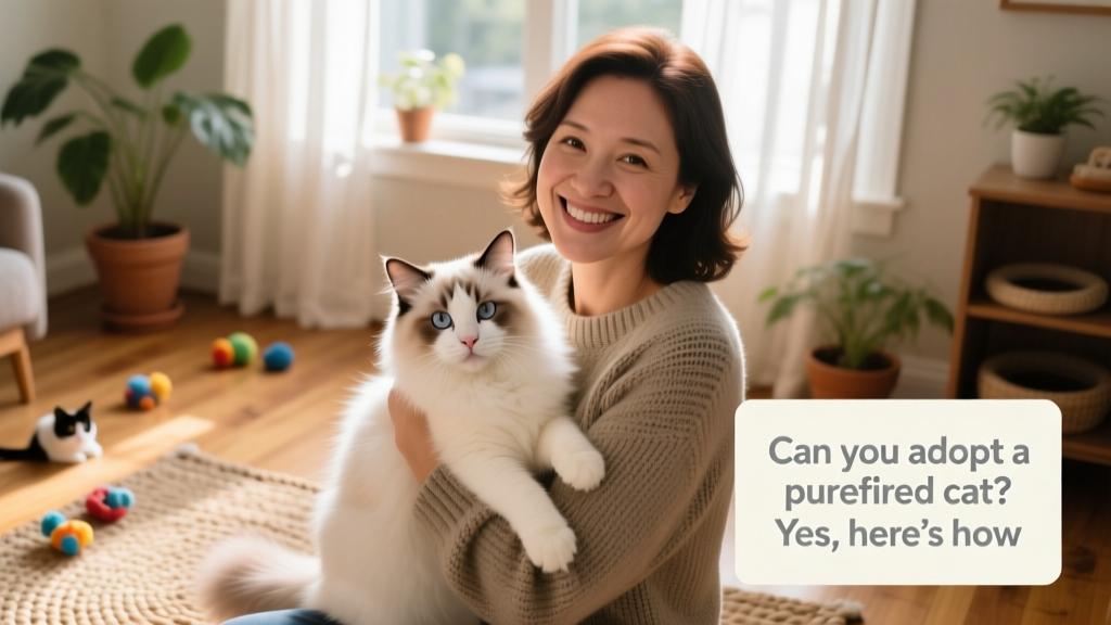 Volunteer gently holding a gentle Ragdoll cat in a cozy foster home setting