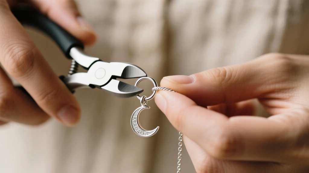 Hands using flush cutters to close an 18-gauge sterling silver jump ring, attaching a moon pendant bail to a delicate cable chain