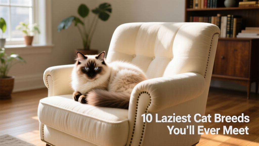 An Exotic cat curled up comfortably on a cozy armchair, tail wrapped neatly around its paws