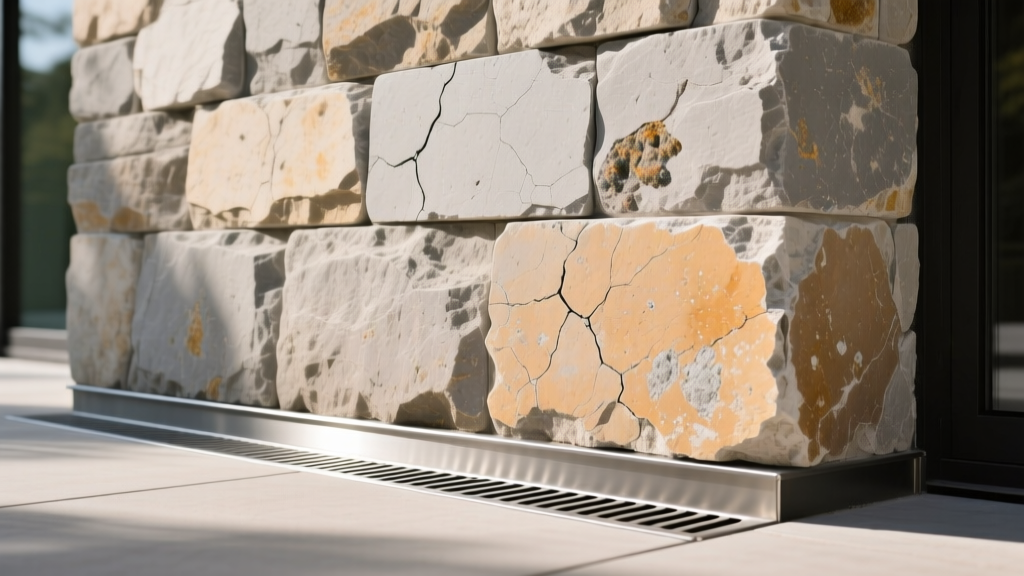 Close-up of manufactured realistic stone veneer in weathered limestone tones on an exterior facade with metal weep screed visible at base