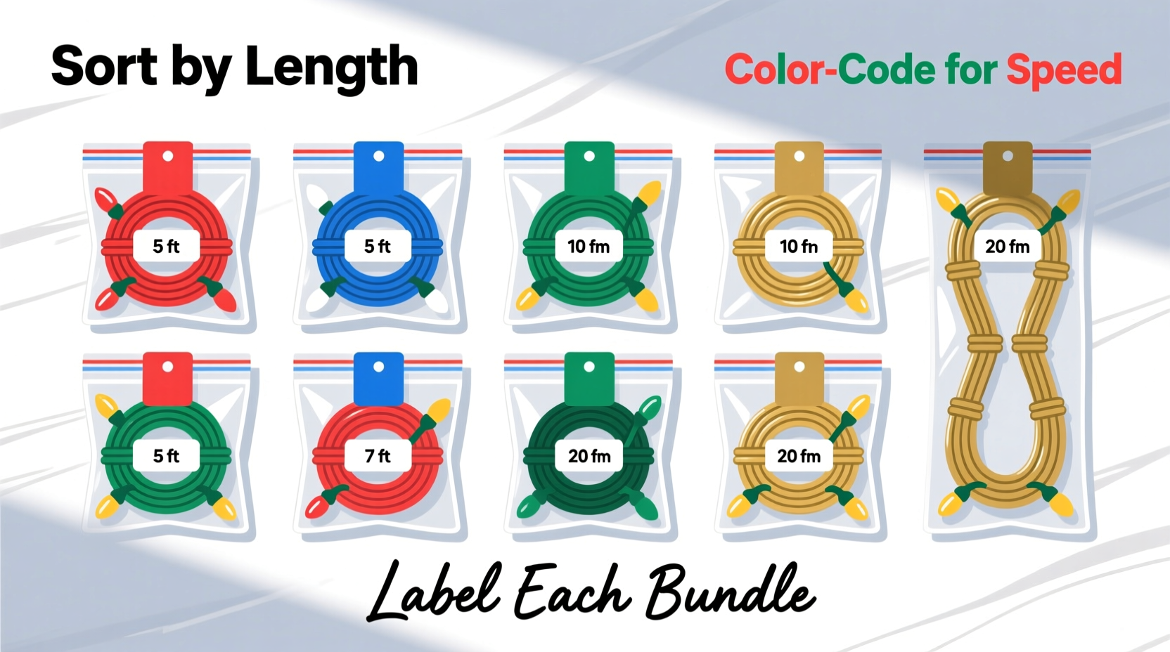 how to organize christmas light cords by length and color for easy setup