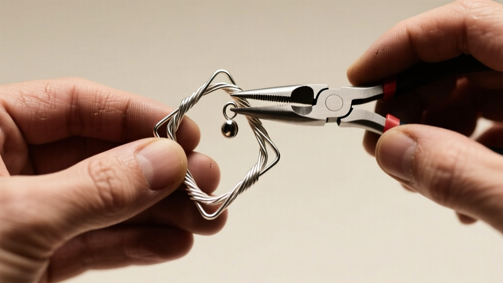 Close-up of artisan hands using nylon pliers to shape 20-gauge sterling silver wire into a geometric earring frame, soft lighting.