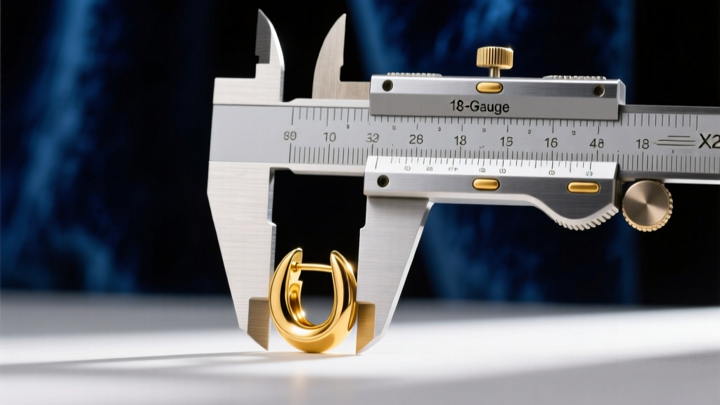 Close-up of digital calipers measuring an 18-gauge yellow gold earring post thickness against a blurred dark velvet backdrop.