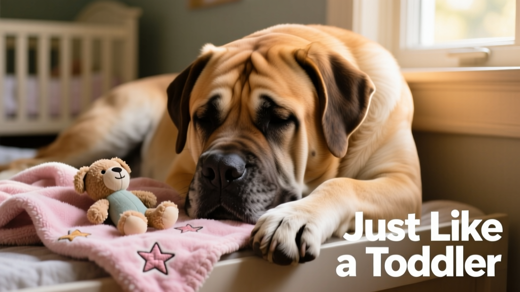 A relaxed English Mastiff resting peacefully beside a child’s toy blanket, highlighting the breed's gentle demeanor