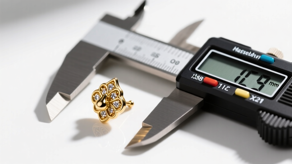 Close-up of an 18 gauge gold phuli nose stud next to a digital caliper measuring 1.0mm thickness, bright neutral studio background