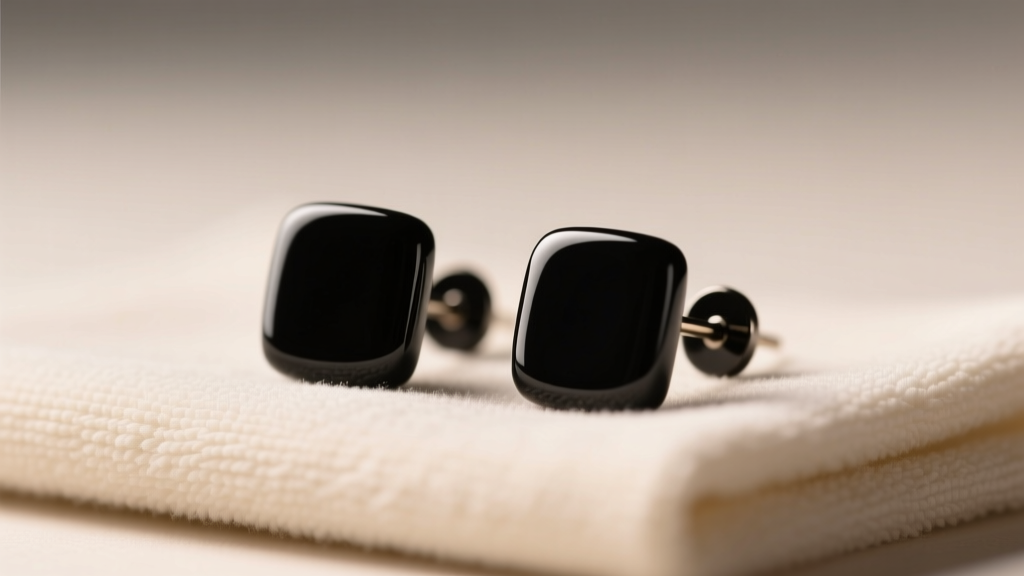 Macro photography of black ceramic earring studs resting on a microfiber cloth, illuminated by soft directional studio lighting.