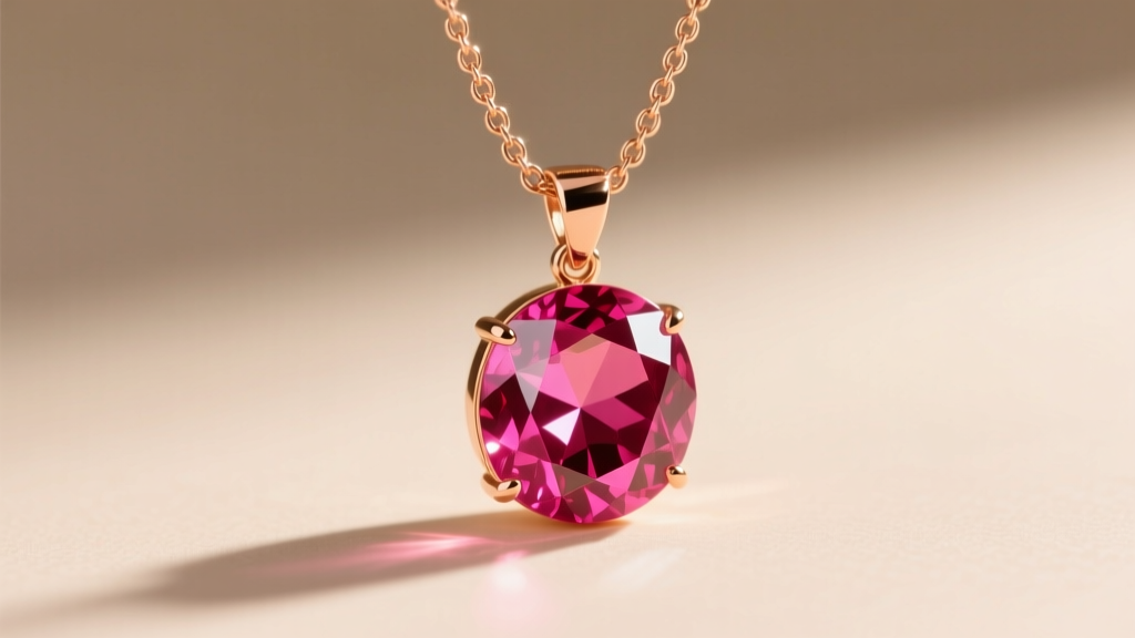 Faceted rubellite tourmaline pendant glowing hot pink in sunlight, hanging from a delicate 14k rose gold rolo chain