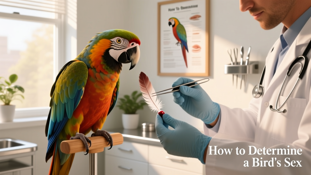 Veterinarian gently collecting a blood feather sample from a calm, cooperative parrot in a clinic setting