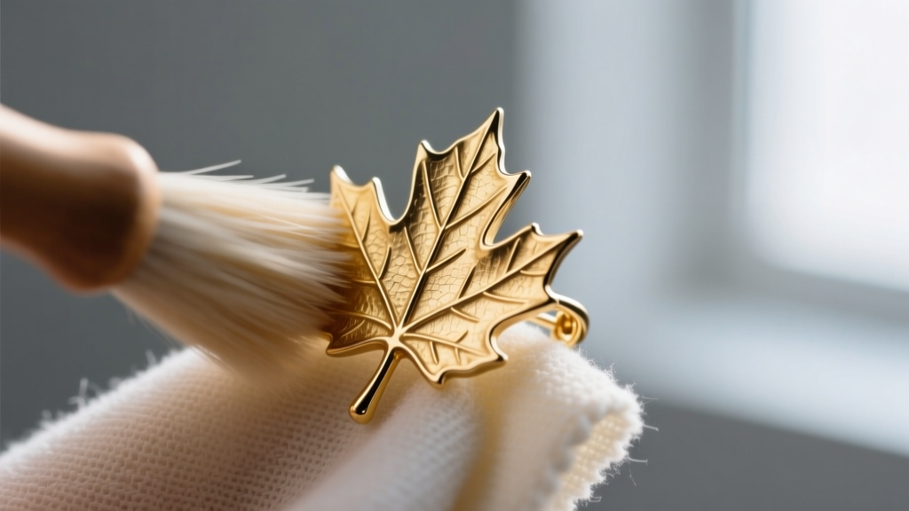 Microfiber cloth buffing a textured gold vermeil maple leaf ear cuff, showcasing a high-shine finish on the delicate leaf edges.