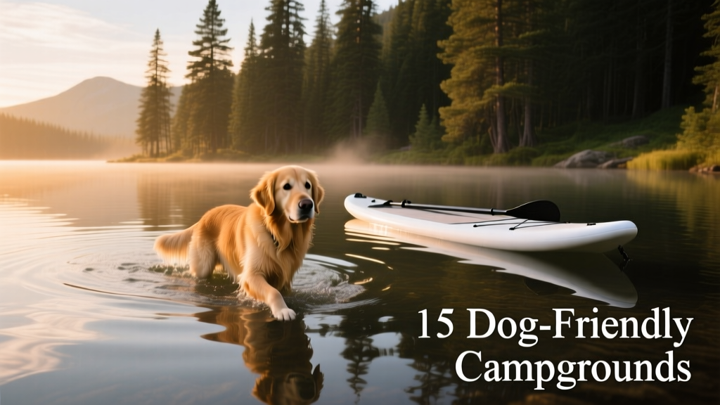 A dog wading in calm, clear lake water with a paddleboard floating nearby and pine trees lining the shore