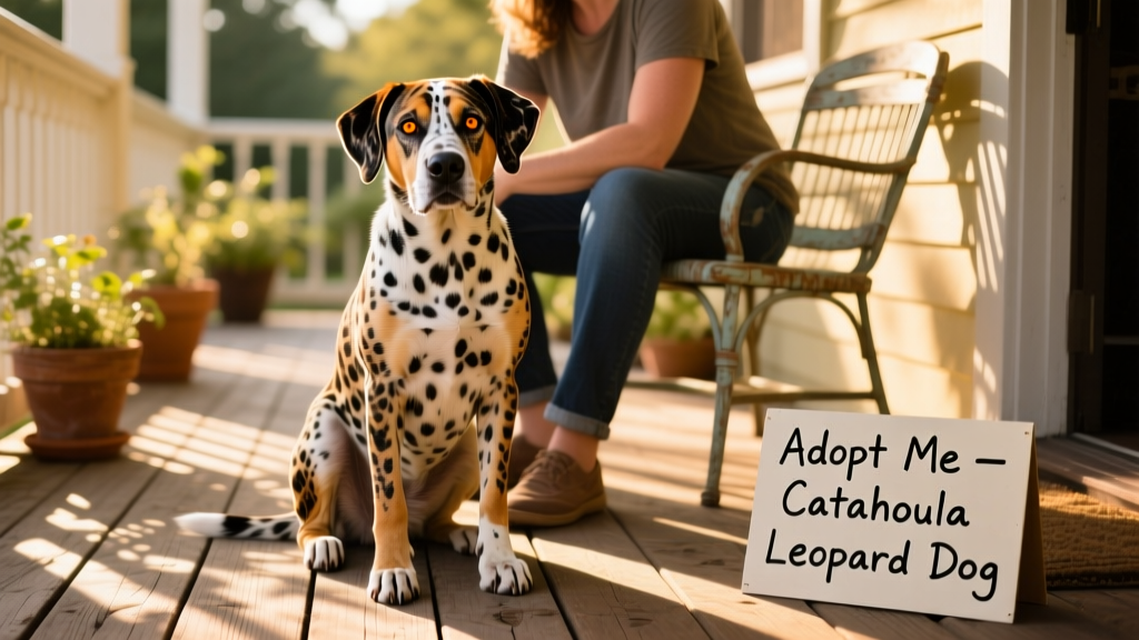 A friendly Catahoula Leopard Dog sitting calmly beside its owner on a sunlit porch