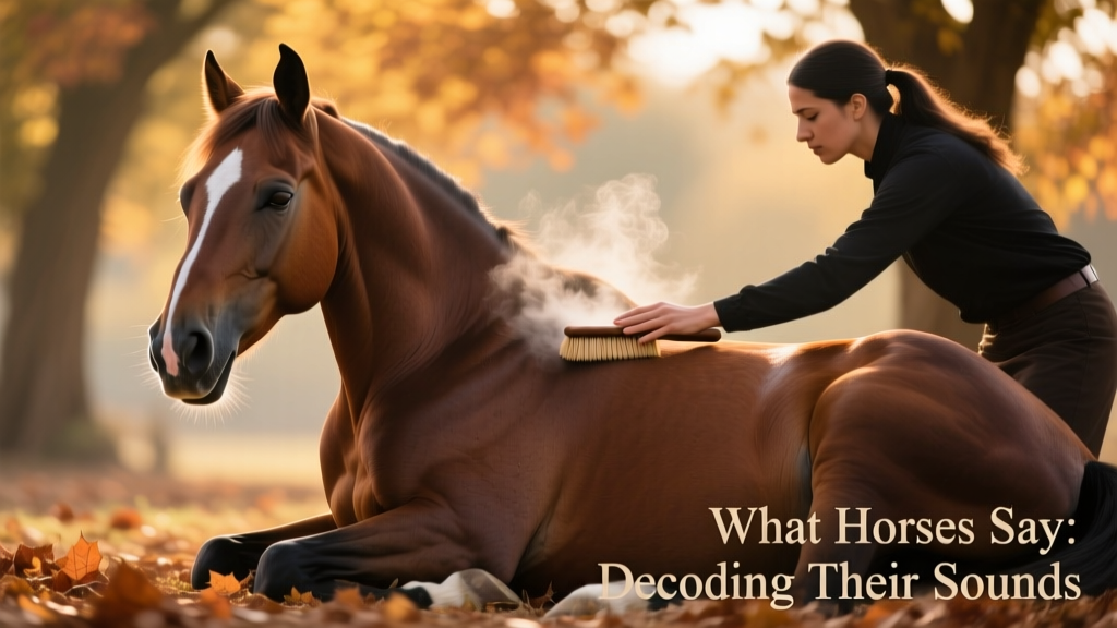 A horse relaxing under gentle grooming, eyes half-closed, softly sighing or snorting