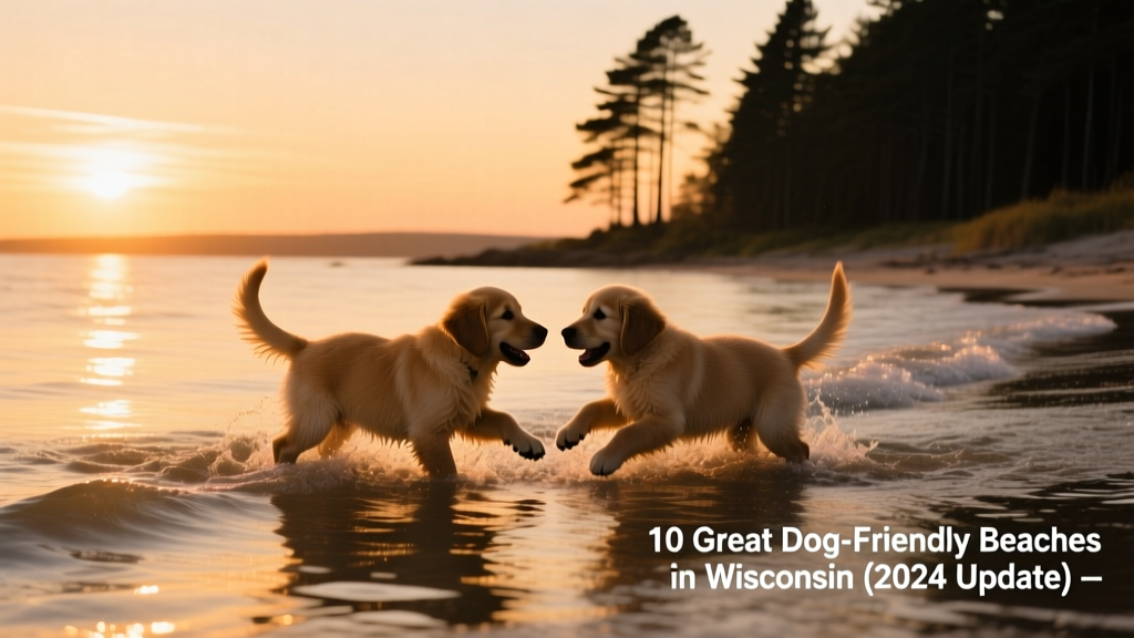 Two dogs playing side-by-side in shallow water at sunset, with silhouettes of pine trees along the shoreline