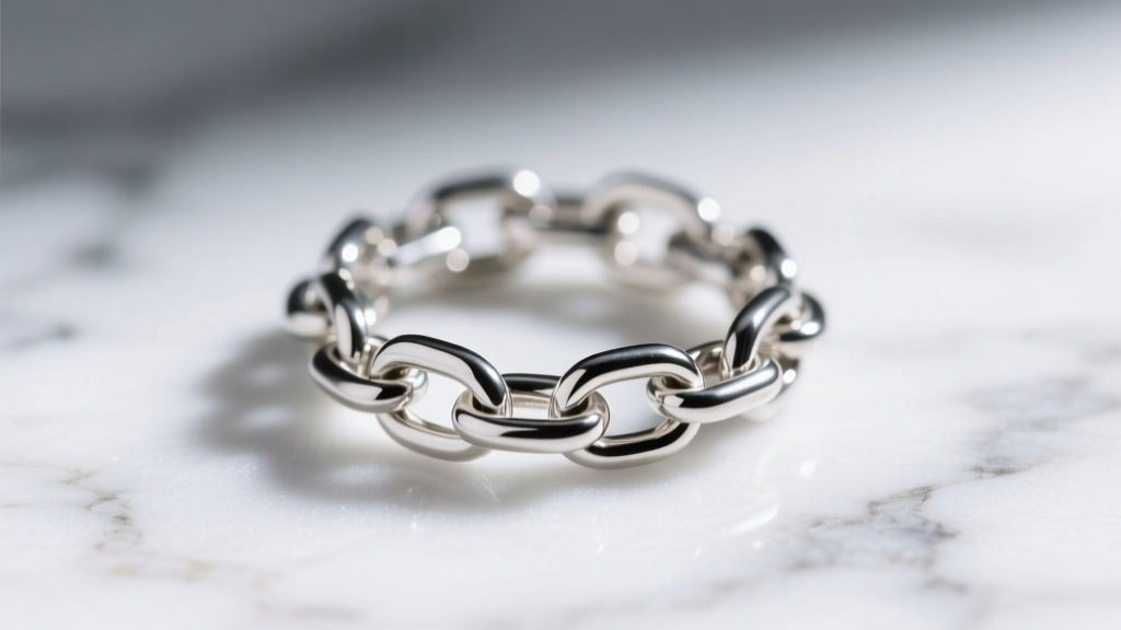 Macro shot of 18-gauge sterling silver chain-link finger ring highlighting interlocking jewelry jump ring connections on marble