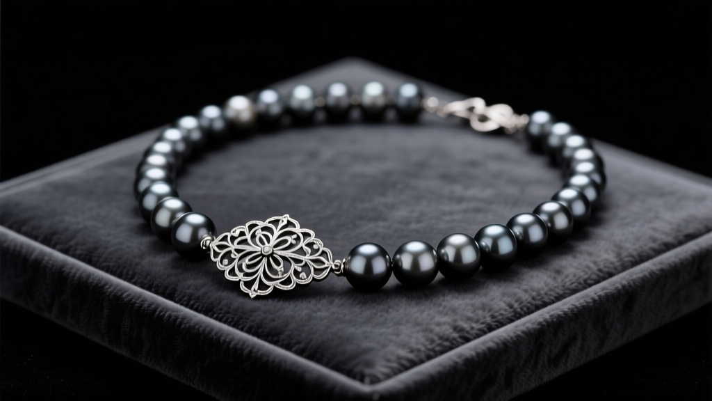 Antique black pearl necklace featuring a silver filigree clasp and dark grey natural pearls resting on a dark velvet display pad