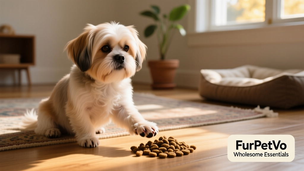 Close-up of FurPetVo Wholesome Essentials kibble next to a Shih Tzu's paw to show scale