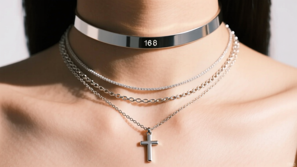 Layered necklace stack with a 16-inch choker, an 18-inch simple silver cross necklace, and a 20-inch plain chain on a collarbone