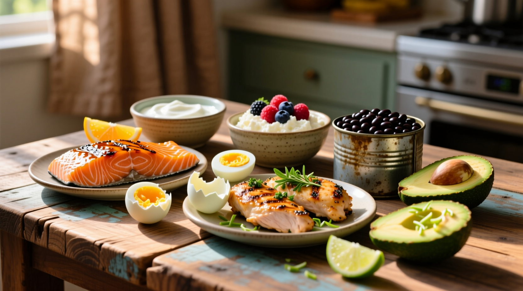 Colorful assortment of high protein foods on wooden table