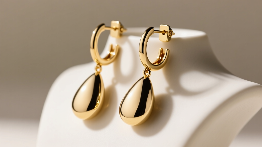 Macro shot of 14k gold hoop teardrop earrings on a jewelry bust, highlighting the hinged snapback clasp and heavy teardrop charm